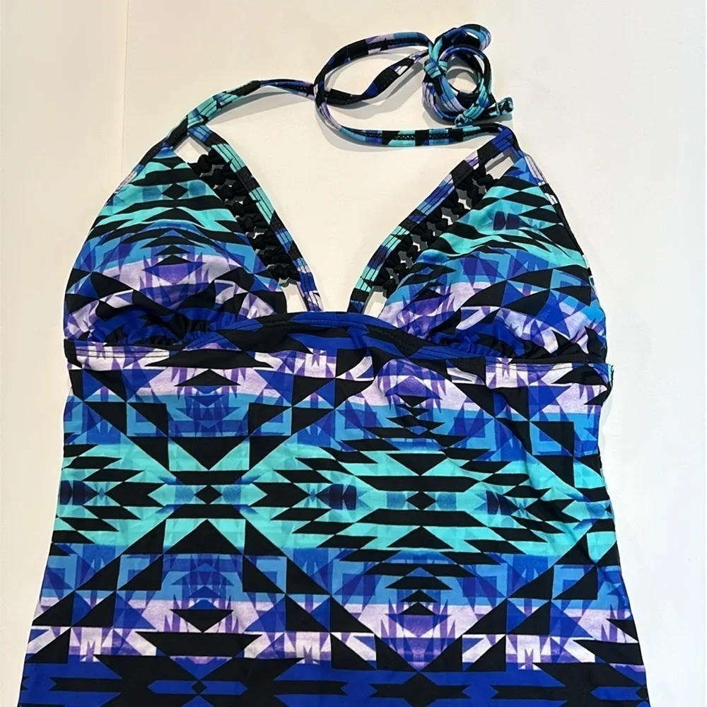 Arizona blue triangle print tankini swim top size small new